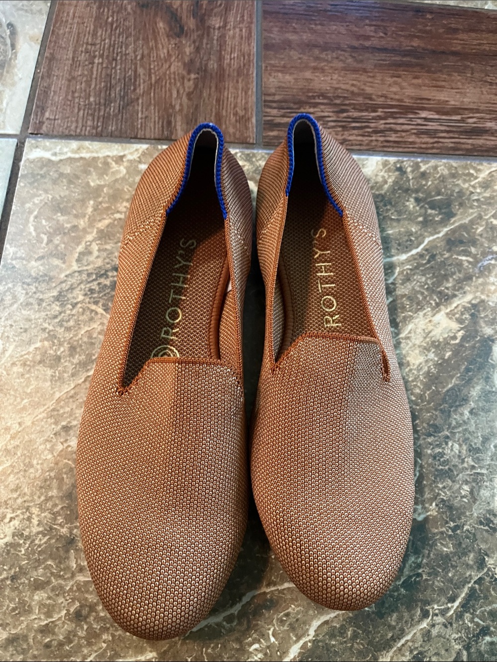 Rothy's Brown Knit Slip-On Flats with Blue Trim